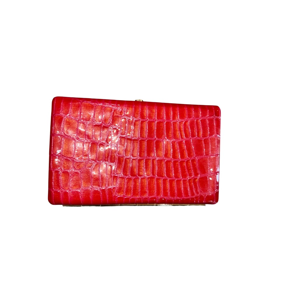 Abas Red Glossy Crocodile Embossed Leather Clutch Wallet Gold Frame